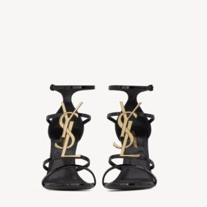 Screenshot YSL/Saint Laurand Women's Black OPYUM Gold Heel Patent Leather Sandals High Heels